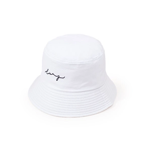 Detail view of the black 'long' embroidery and reinforced stitching on a white cotton bucket hat