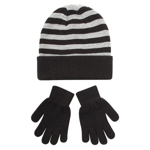 Detail of kids striped knit beanie and gloves set with ribbed cuffs and elastic fabric