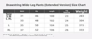 Detailed size chart for high waist drawstring wide leg yoga pants from size S to XL