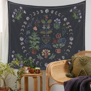Böhmischer schwarzer Wandteppich mit Mondphasen und Blumenmustern für die Deko