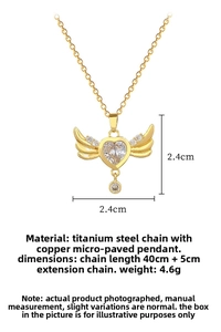 Golden titanium steel heart necklace with wings, cubic zirconia pavé and size dimensions