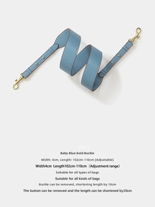 Light blue leather shoulder strap with gold metal buckles and adjustable 4cm width detail