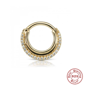 Detailed view of golden S925 sterling silver septum ring with tiny clear sparkling crystals