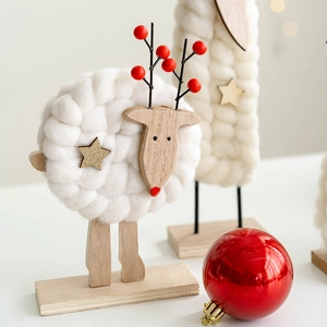 Nordic wool felt Santa Claus deer tabletop ornament with wooden base for Xmas decor