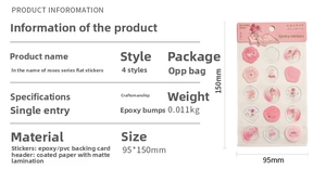 Close-up of rose embossed stickers with gold foil details and size specifications