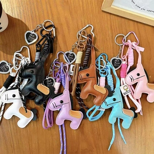 Cute Leather Horse Keychain Bag Charm Braided Rope Car Key Ring Heart Photo Frame Pendant Handbag Accessories