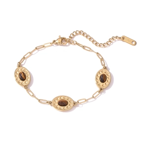 Vintage 18K gold plated stainless steel bracelet with three tiger eye stones