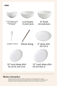 Detailed size chart for white ceramic dinnerware set including bowls and oval plates