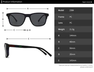 Size guide for model 2384 sunglasses with detailed frame and lens measurements