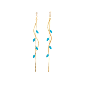 Elegant gold leaf tassel earrings with sky blue marquise gems in a long dangle design