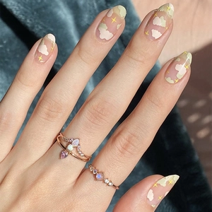 Press On Nails Fake Nails Printed Short Round Cute Cloud Star Patterns Sweet Fresh Nail Art Accessories For Women Girls