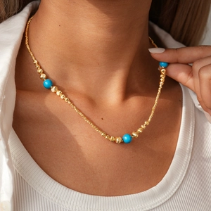 18K gold plated beaded necklace with blue turquoise and gold beads for women