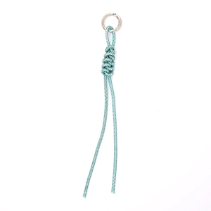 Blue braided rope keychain accessory with silver O-spring clasp on white background