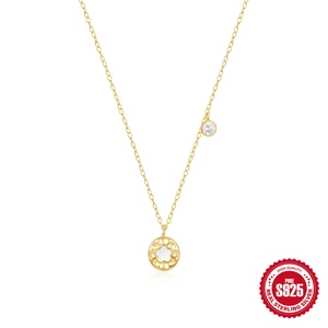 925 Sterling Silver Gold Plated Pendant Necklace Women Mother Of Artificial Pearl Flower Cubic Zirconia Elegant Minimalist Jewelry Gift