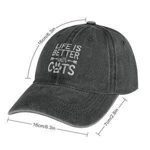 Detail view of washed cotton baseball cap with Life is Better with Cats embroidery