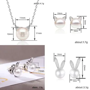 Cute cat ear pearl necklace and earrings set with detailed size and weight dimensions