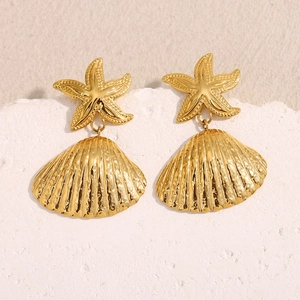 Detail of 18K gold plated ocean series starfish and shell earrings on natural stone