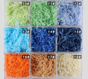 Grid view of shredded paper raffia filler in nine different colors for gift box packaging