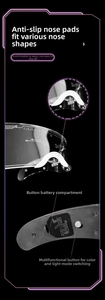 Detail of LED glasses showing anti-slip nose pads, battery compartment and control button