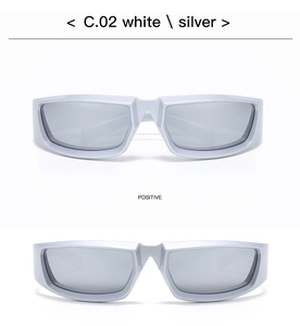 Close-up of Y2K silver rectangular sunglasses with reflective chrome mirrored lenses