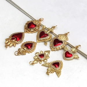 Gilded sacred heart pendants with red crystals and zircons for DIY jewelry making