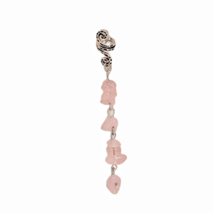 Detail view of silver spiral alloy pendant with five irregular pink crystal stones
