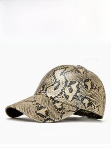 Detailed texture of light khaki snakeskin pattern on PU leather baseball cap surface