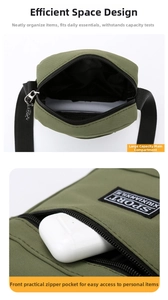 Detail view of olive green nylon crossbody bag featuring secure zippers and sport label