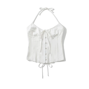 Top a corsetto in raso bianco con allacciatura al collo e bottoni anteriori
