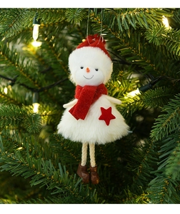 Close-up of plush snowman ornament hanging on a Christmas tree with warm fairy lights