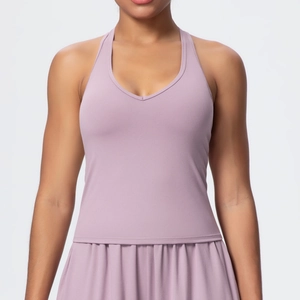 Front view of light purple V-neck yoga tank top with fine brushed texture and thin straps