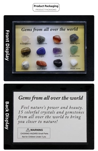 Detailed front and back view of 12 natural polished mineral stones in a black display case
