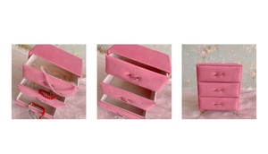 Three-tier pink velvet jewelry box with metal handles shown open and closed for storage