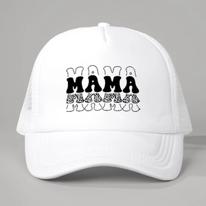 Detailed close-up of white trucker hat with four artistic MAMA text styles and mesh back