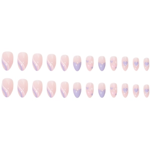 Short almond press-on nails set with purple heart patterns and wavy line designs