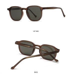 Detail of retro translucent brown sunglasses showing the 45-degree side and back view