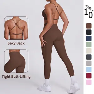 Damen Yoga-Leggings Mit Hoher Taille Und Sport-BH Mit Überkreuztem Rücken Top And Bottom Nylon Slim Fit Fitness Gym Workout Set