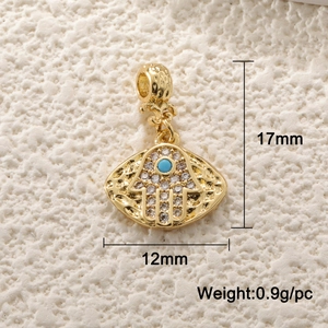 Macro shot of 17mm Hamsa Hand charm with blue zircon and size measurement details