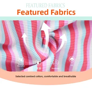 Detail of soft ribbed combed cotton fabric with pink, white, and blue stripes