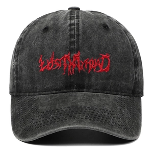 Distressed cotton baseball cap with red Lostmyhead embroidery in washed black