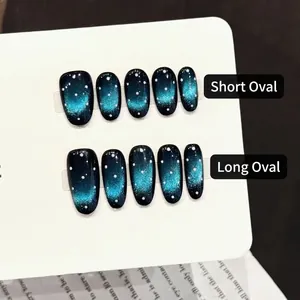 Handmade Press On Nails Starry Sky Cat Eye Blue Black Gradient Glitter Oval Shape Dreamy Galaxy Artificial Nails