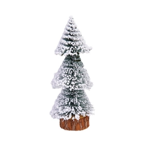 Miniature snow-covered Christmas tree with rustic wooden base for festive tabletop decor