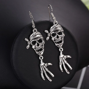 Vintage Alloy Skeleton Skull Earrings With Headscarf And Bone Hand Pendant Gothic Punk Halloween Jewelry