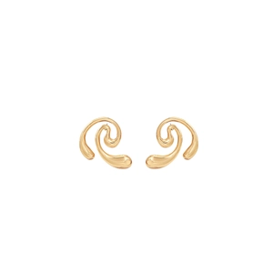 Detailed macro view of the golden streamlined swirl earring with polished metal finish