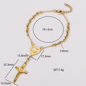 Bracelet chapelet en acier doré 18 carats avec cœur, croix et détails de taille