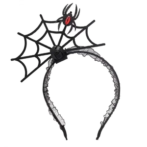 Halloween haarband met zwart kant, gotische roos en spin met rode edelsteen erop