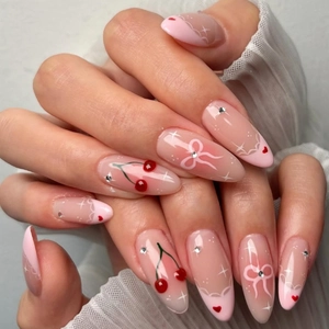 Press On Nails Pink Gradient 3D Cherry Design French Bow Rhinestone Almond Shape DIY Manicure Elegant Women