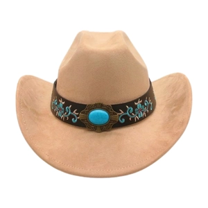 Detail of khaki suede cowboy hat featuring turquoise floral embroidery on a leather band