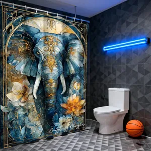 Detailed pattern of a blue elephant and golden lotus on a bohemian shower curtain