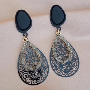 Water Drop Earrings With 925 Sterling Silver Earring Post Alloy Hollow Out Rhinestone Retro Vintage For Women